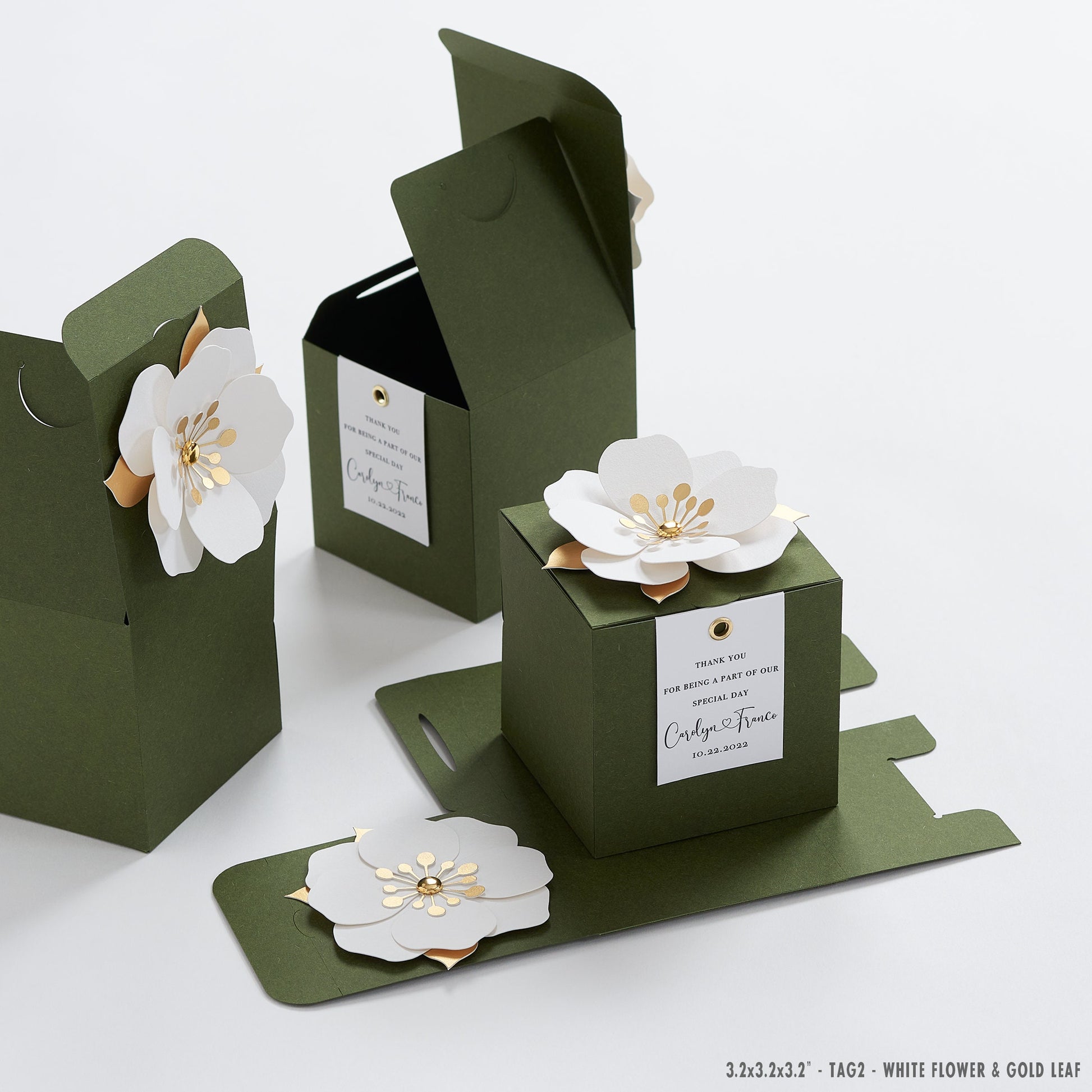 Green favor boxes with flower decor for wedding, bridal party, baptism, birthday and anniversary