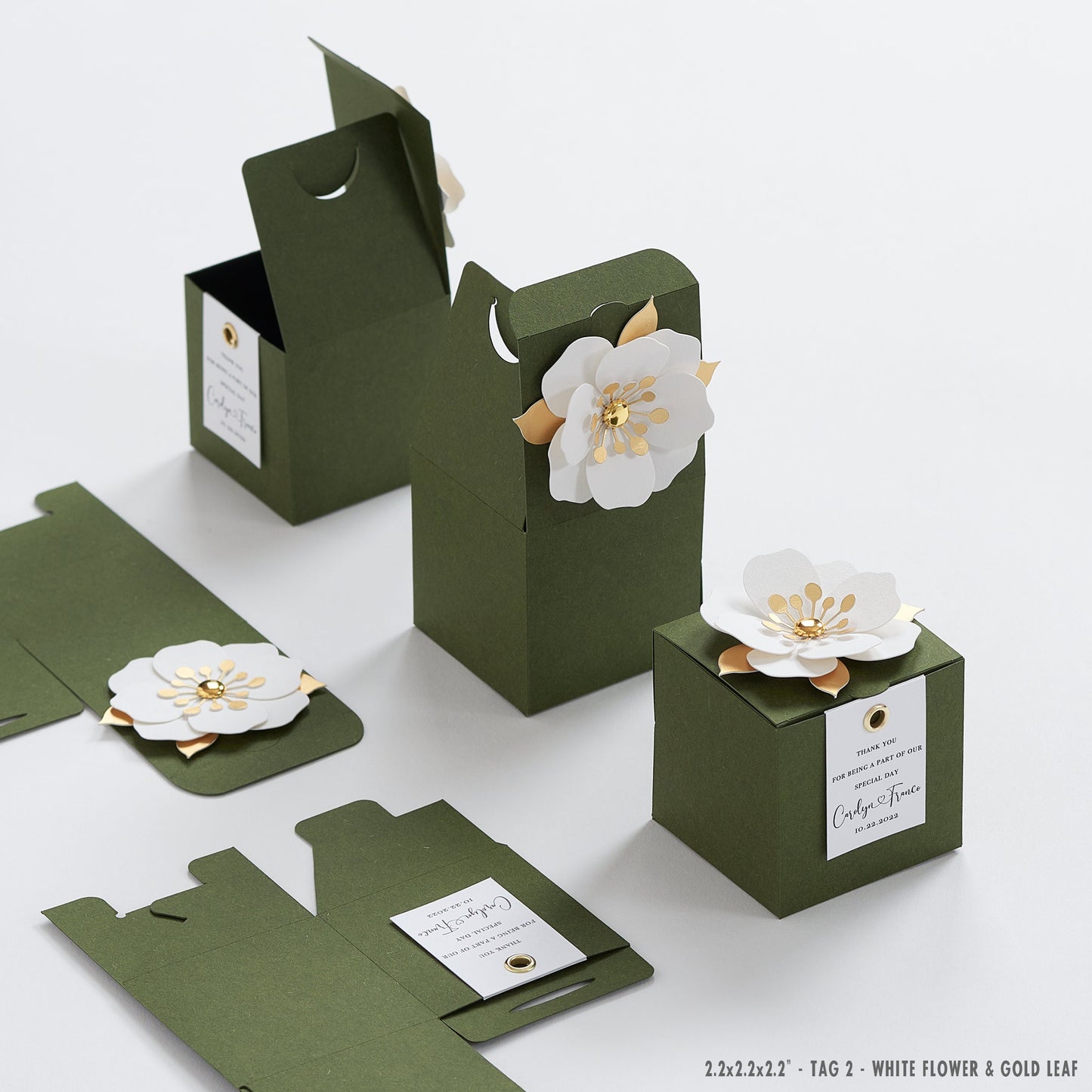 Green favor boxes with flower decor for wedding, bridal party, baptism, birthday and anniversary