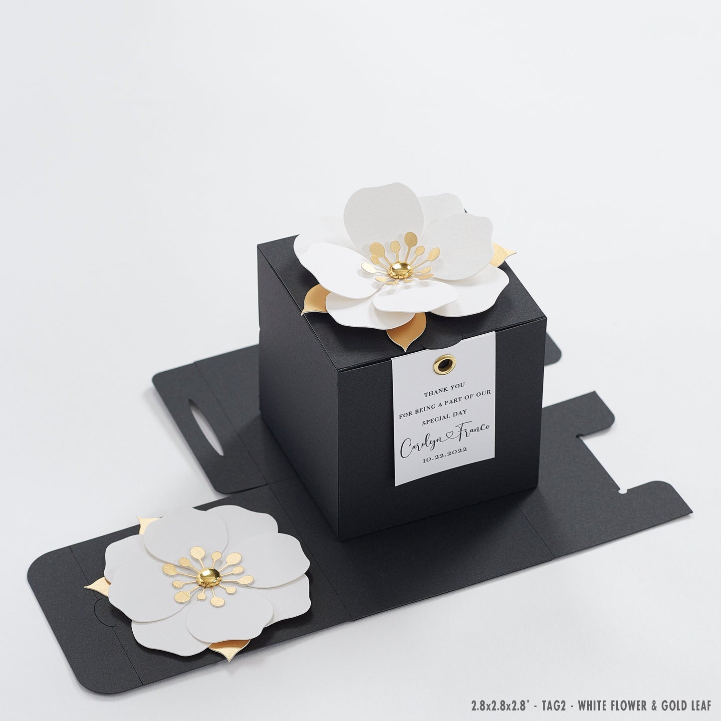 Black favor boxes with flower decor for wedding, bridal party, Baptism, birthday and anniversary