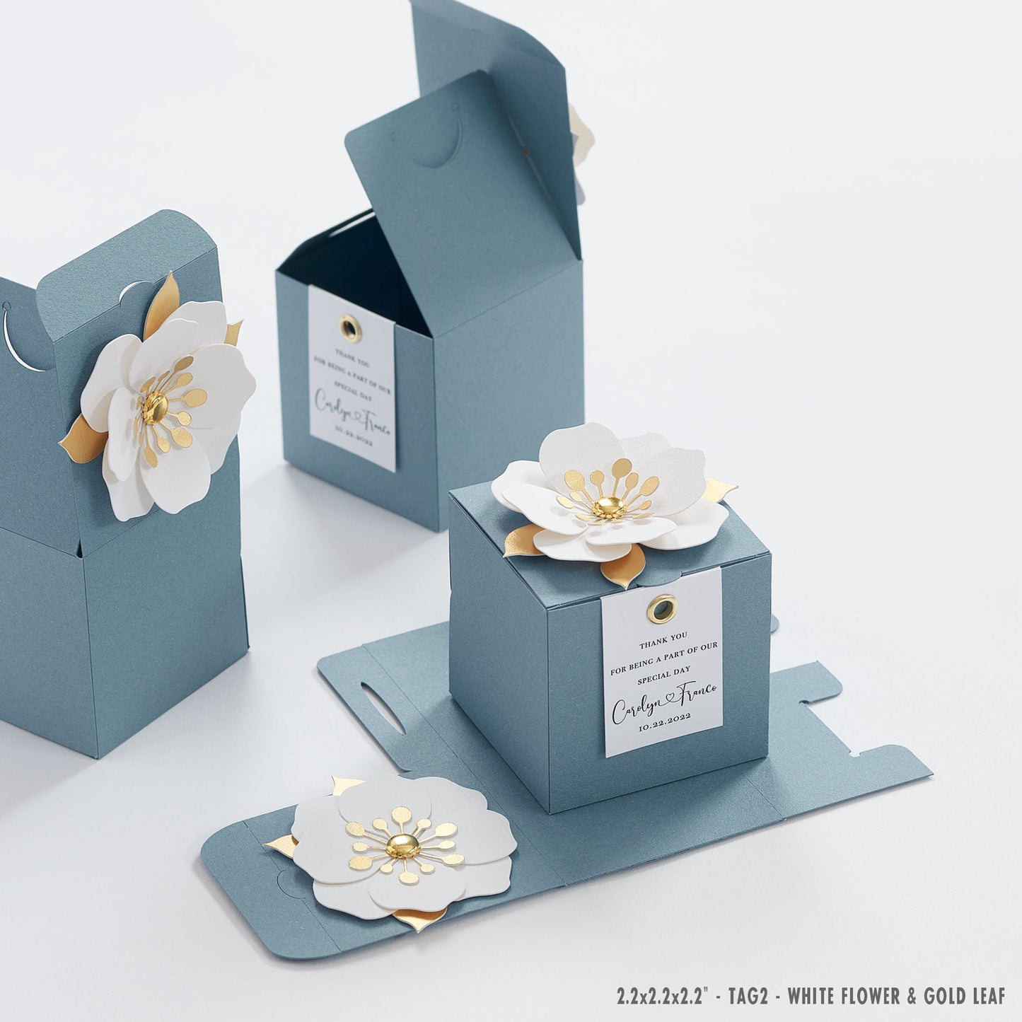 Blue favor boxes with flower decor for wedding, bridal party, baptism, birthday and anniversary