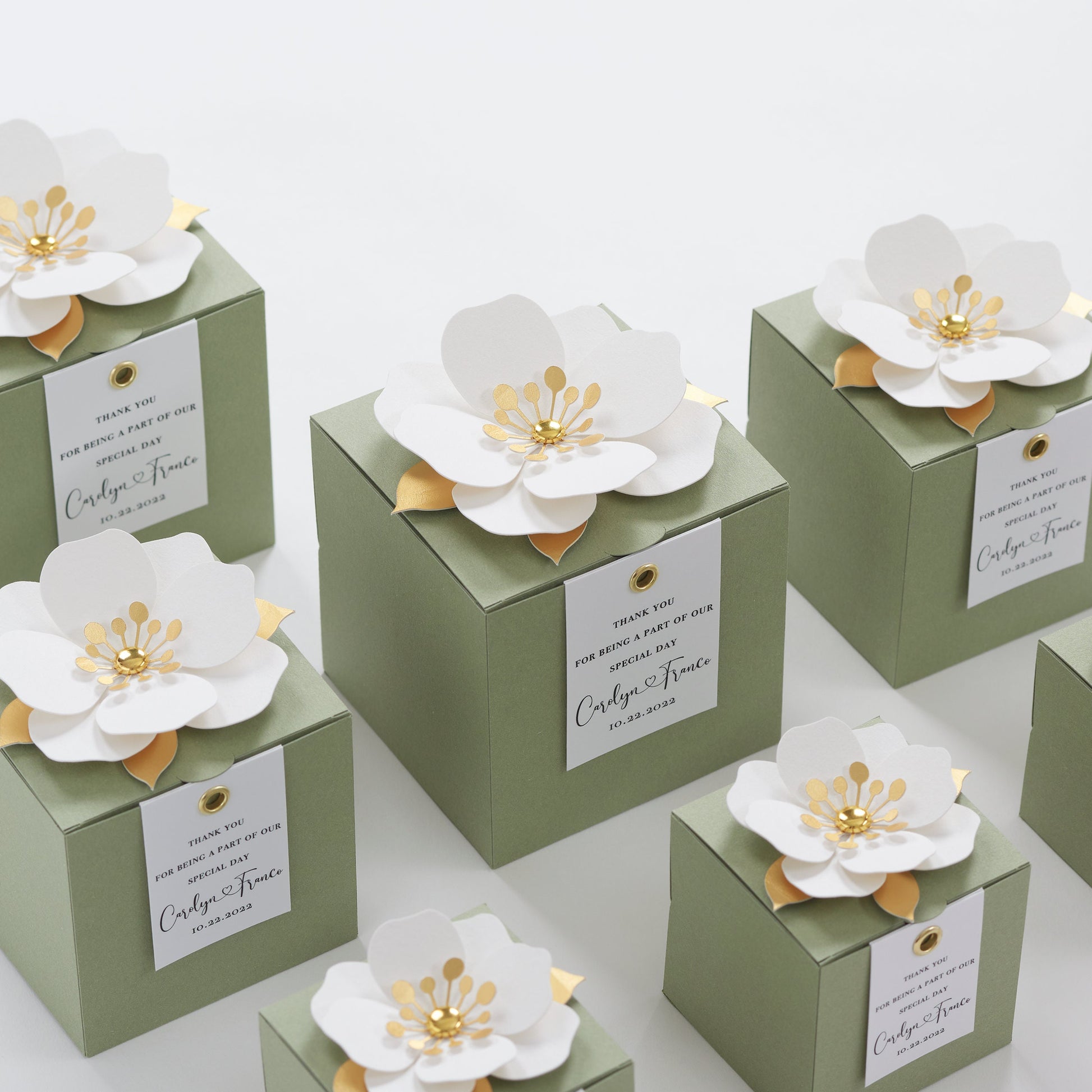 Sage favor boxes with flower decor for wedding, bridal party, Baptism, birthday and anniversary