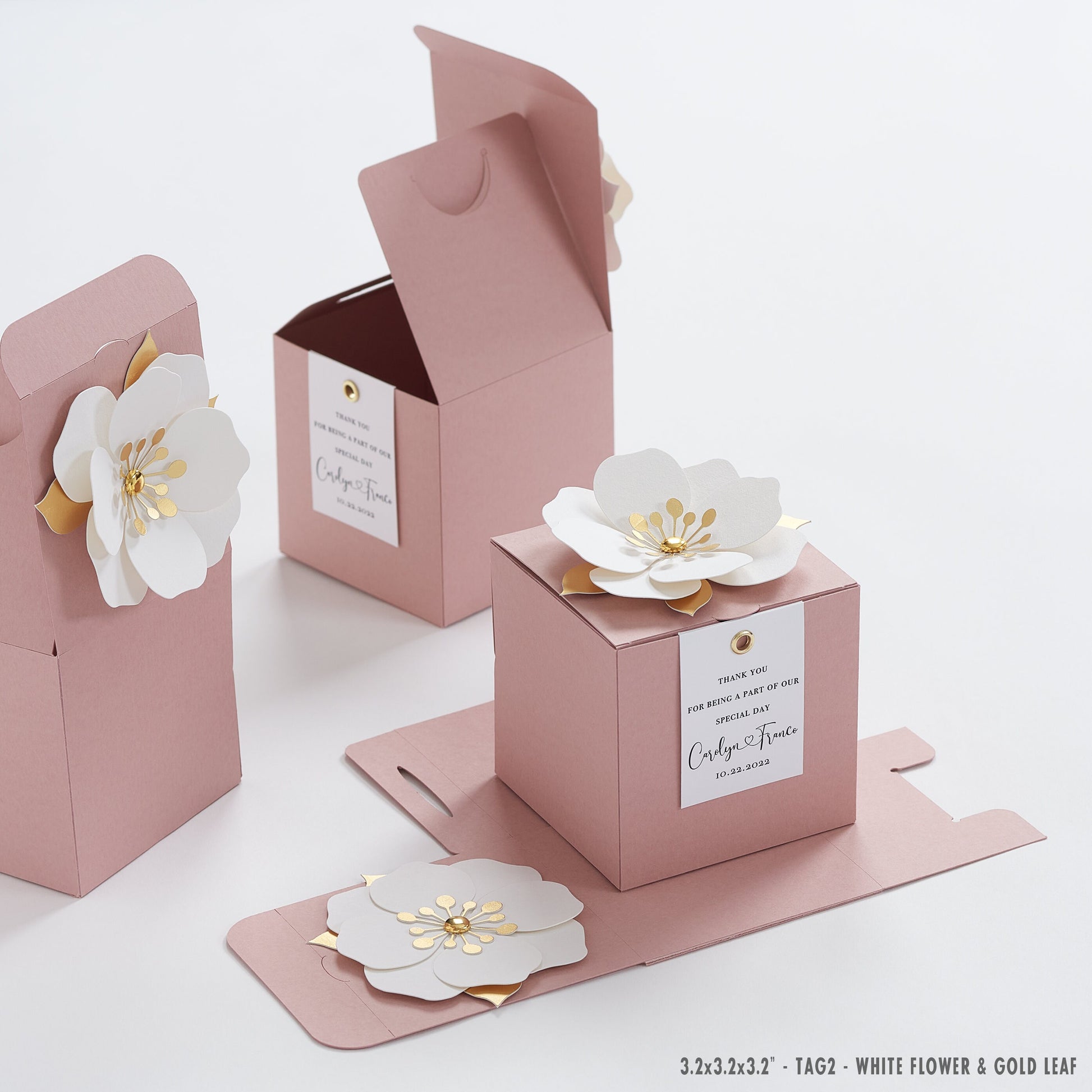 Pink favor boxes with flower decor for wedding, bridal party, baptism, birthday and anniversary