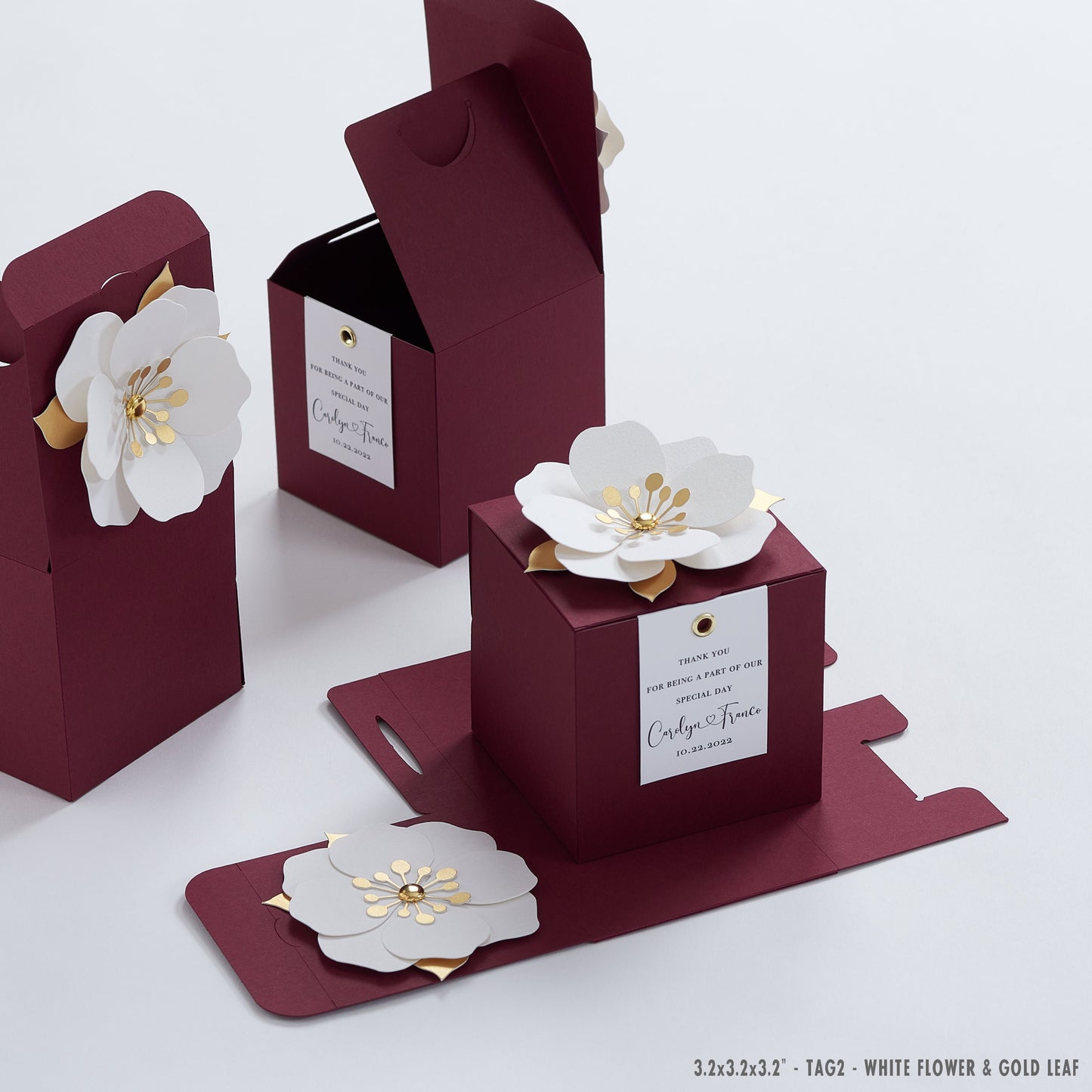 Burgundy favor boxes with flower decor for wedding, bridal party, baptism, birthday and anniversary