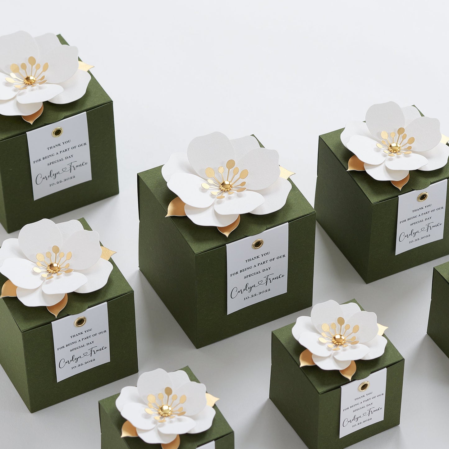 Green favor boxes with flower decor for wedding, bridal party, baptism, birthday and anniversary