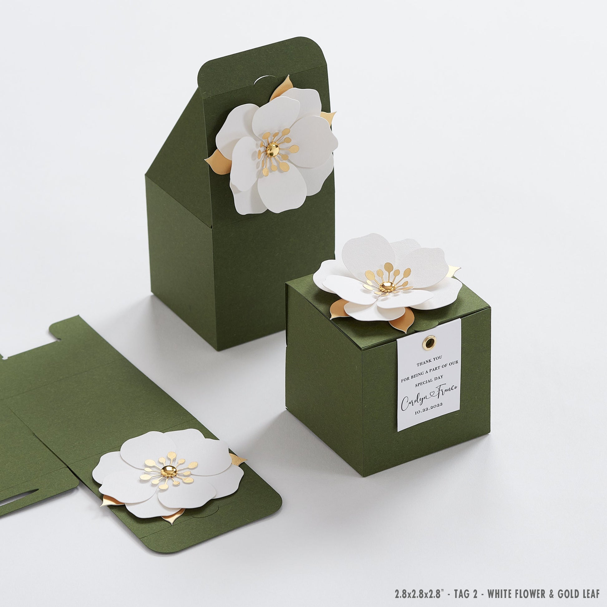 Green favor boxes with flower decor for wedding, bridal party, baptism, birthday and anniversary