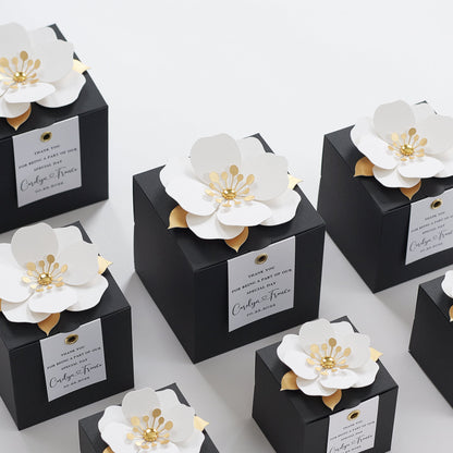 Black favor boxes with flower decor for wedding, bridal party, Baptism, birthday and anniversary