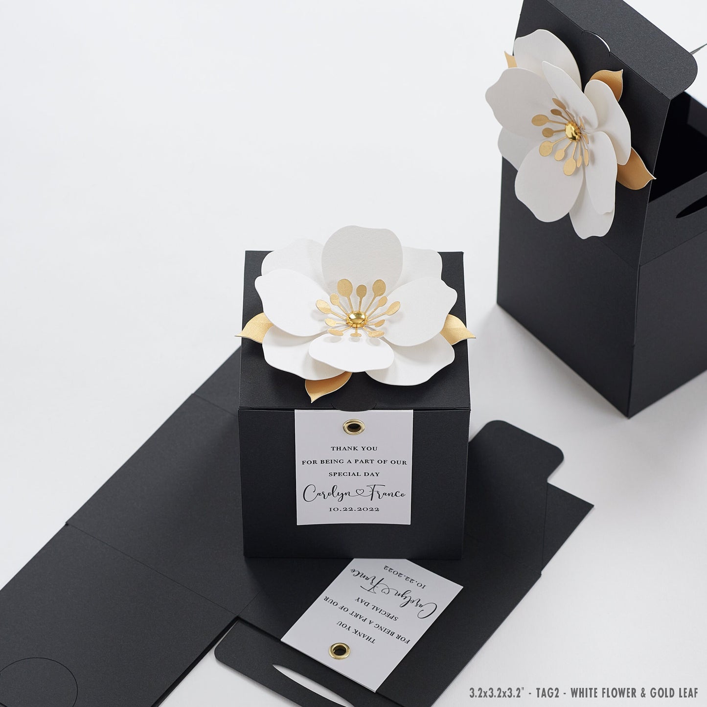 Black favor boxes with flower decor for wedding, bridal party, Baptism, birthday and anniversary