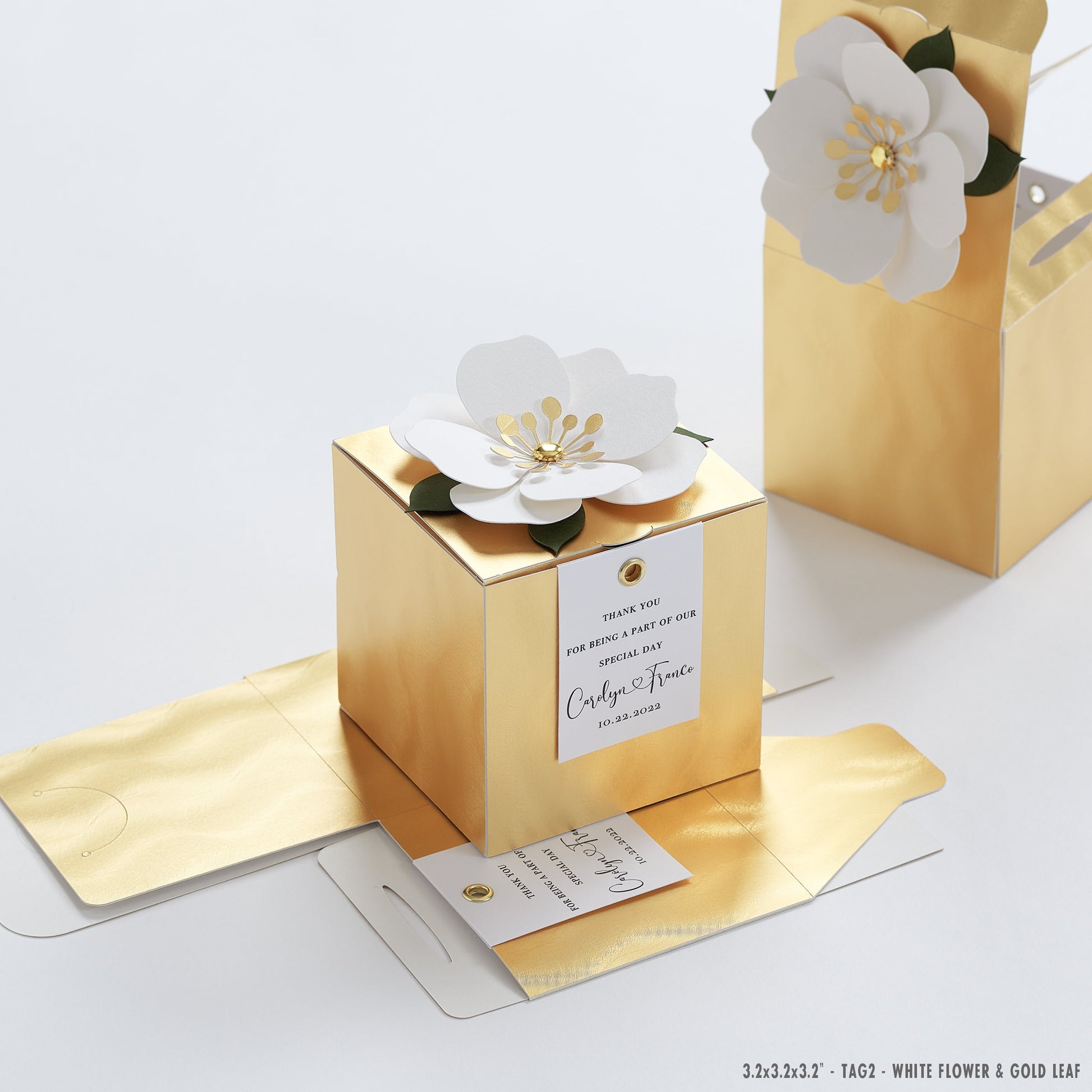 Gold favor boxes with flower decor for wedding, bridal party, baptism, birthday and anniversary