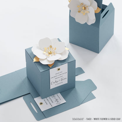 Blue favor boxes with flower decor for wedding, bridal party, baptism, birthday and anniversary