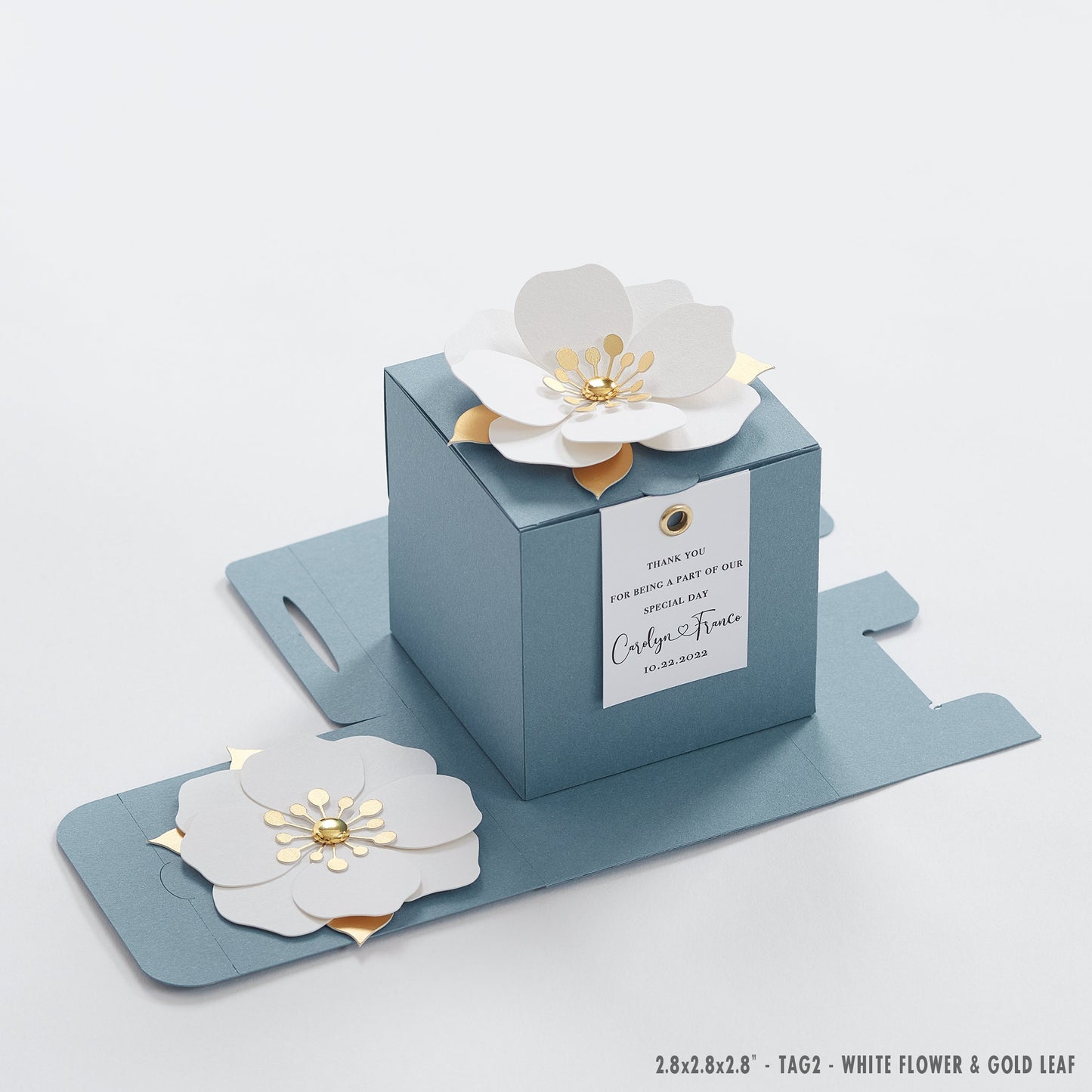 Blue favor boxes with flower decor for wedding, bridal party, baptism, birthday and anniversary