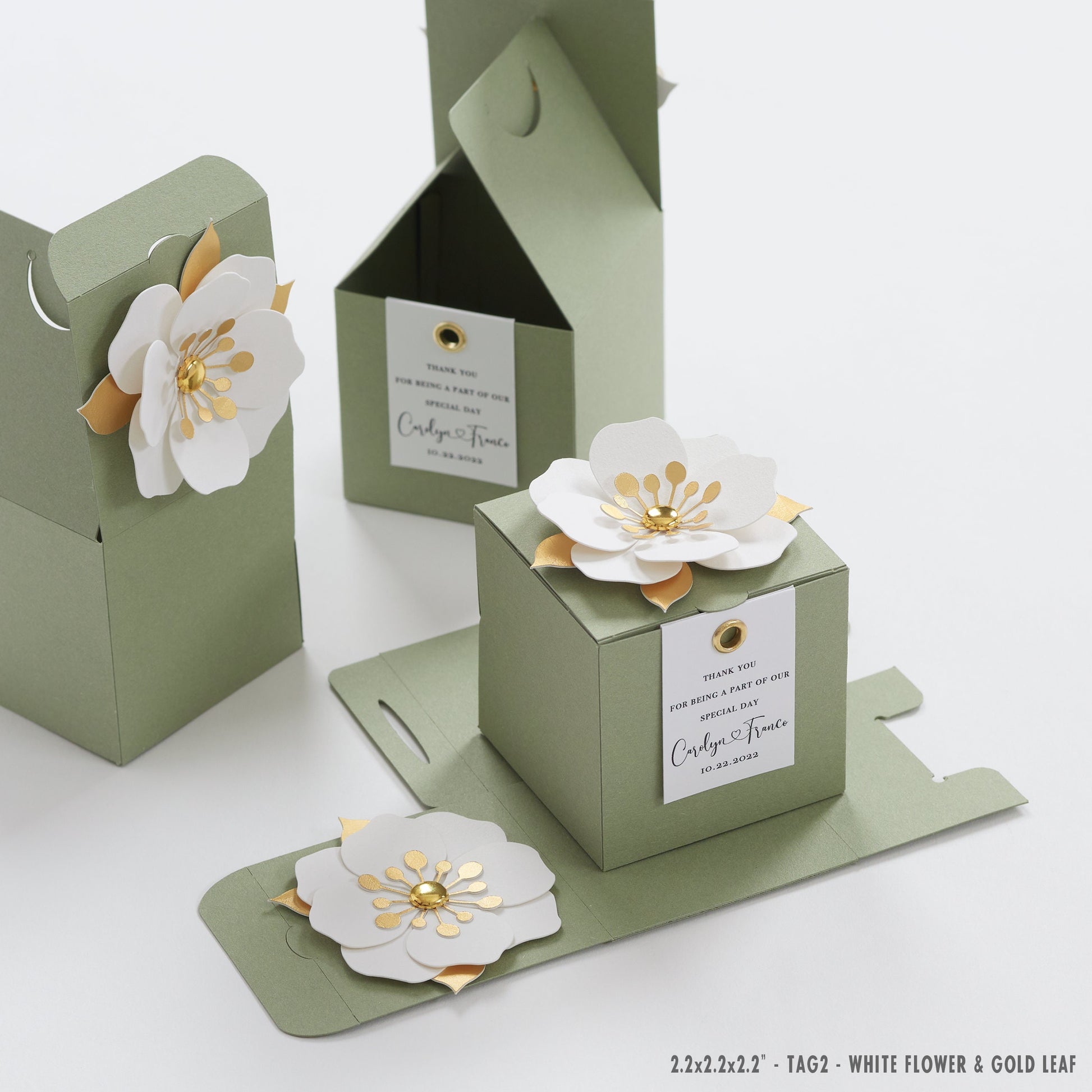 Sage favor boxes with flower decor for wedding, bridal party, Baptism, birthday and anniversary