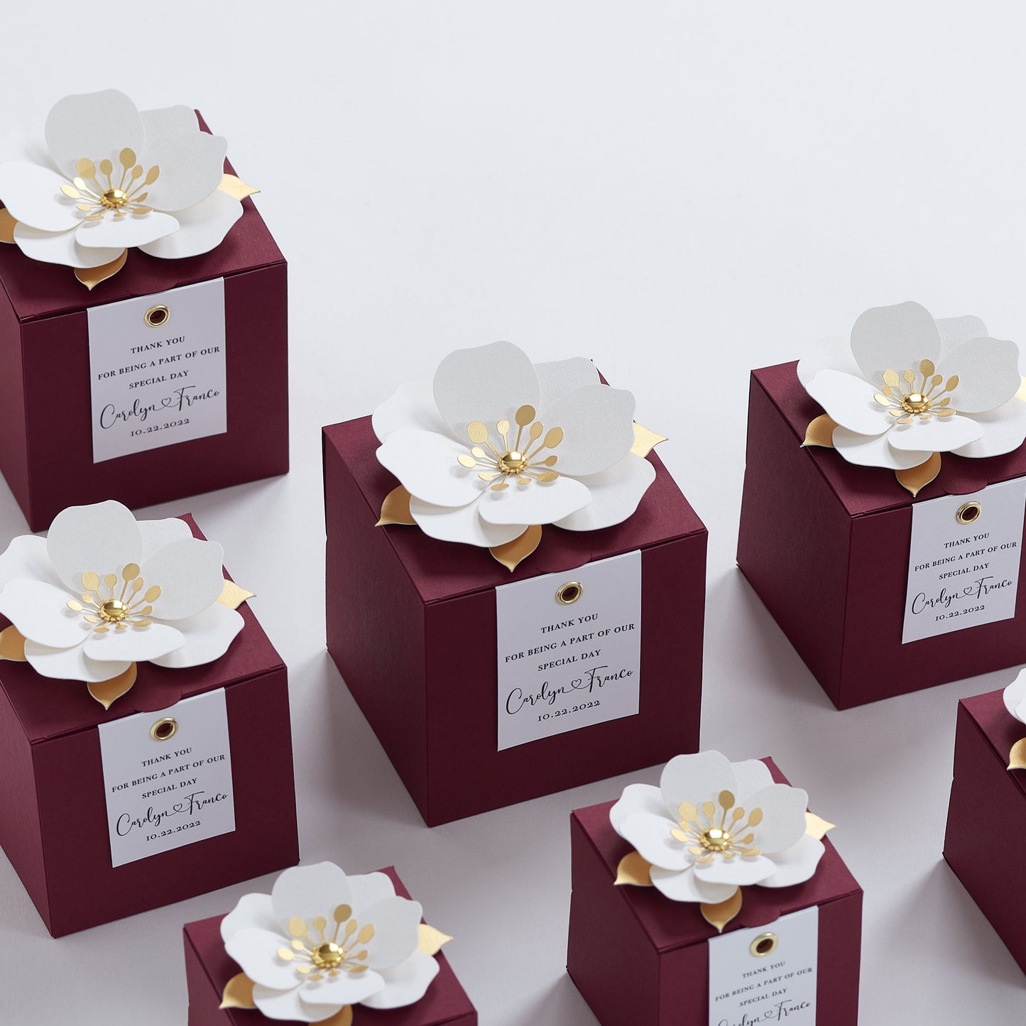 Burgundy favor boxes with flower decor for wedding, bridal party, baptism, birthday and anniversary