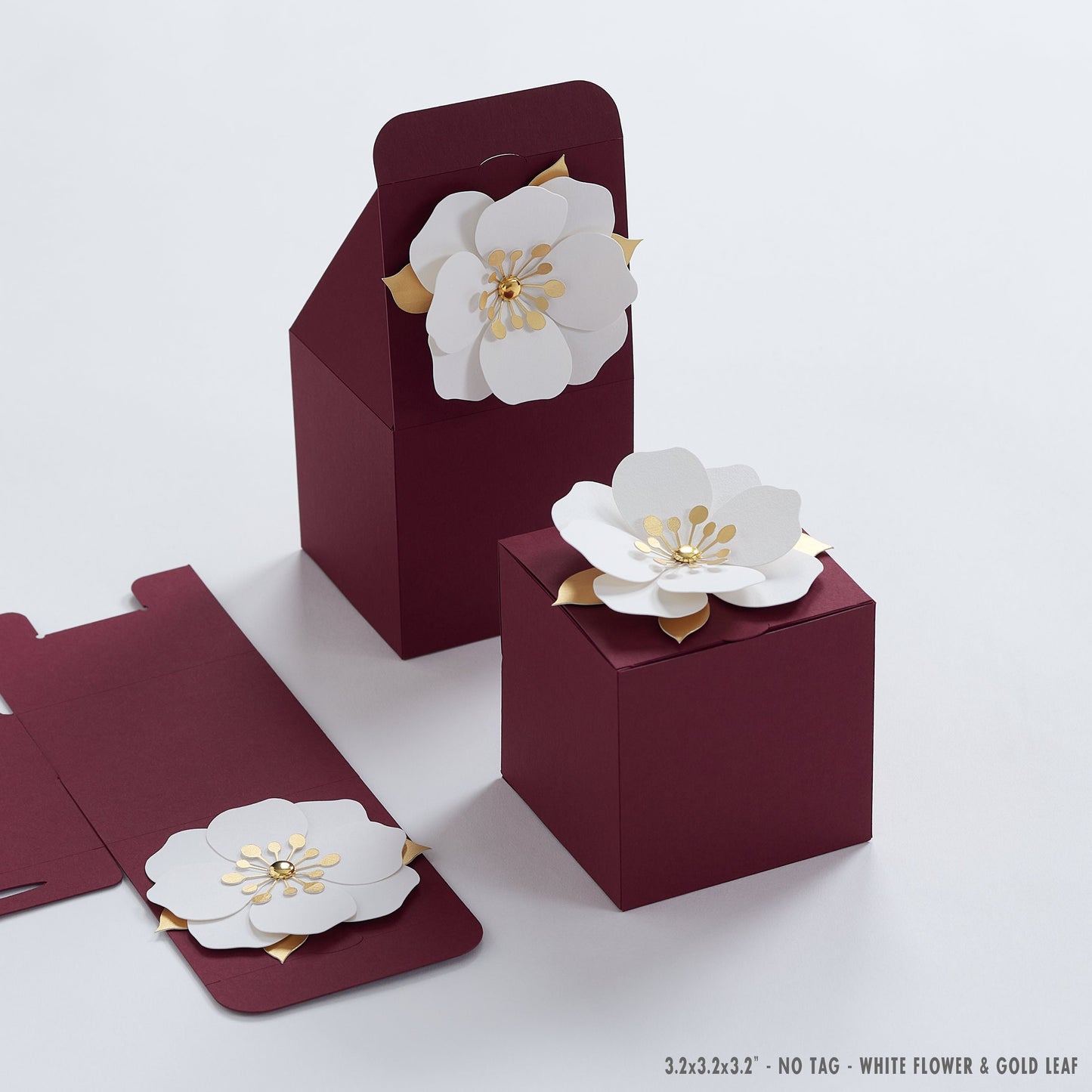 Burgundy favor boxes with flower decor for wedding, bridal party, baptism, birthday and anniversary