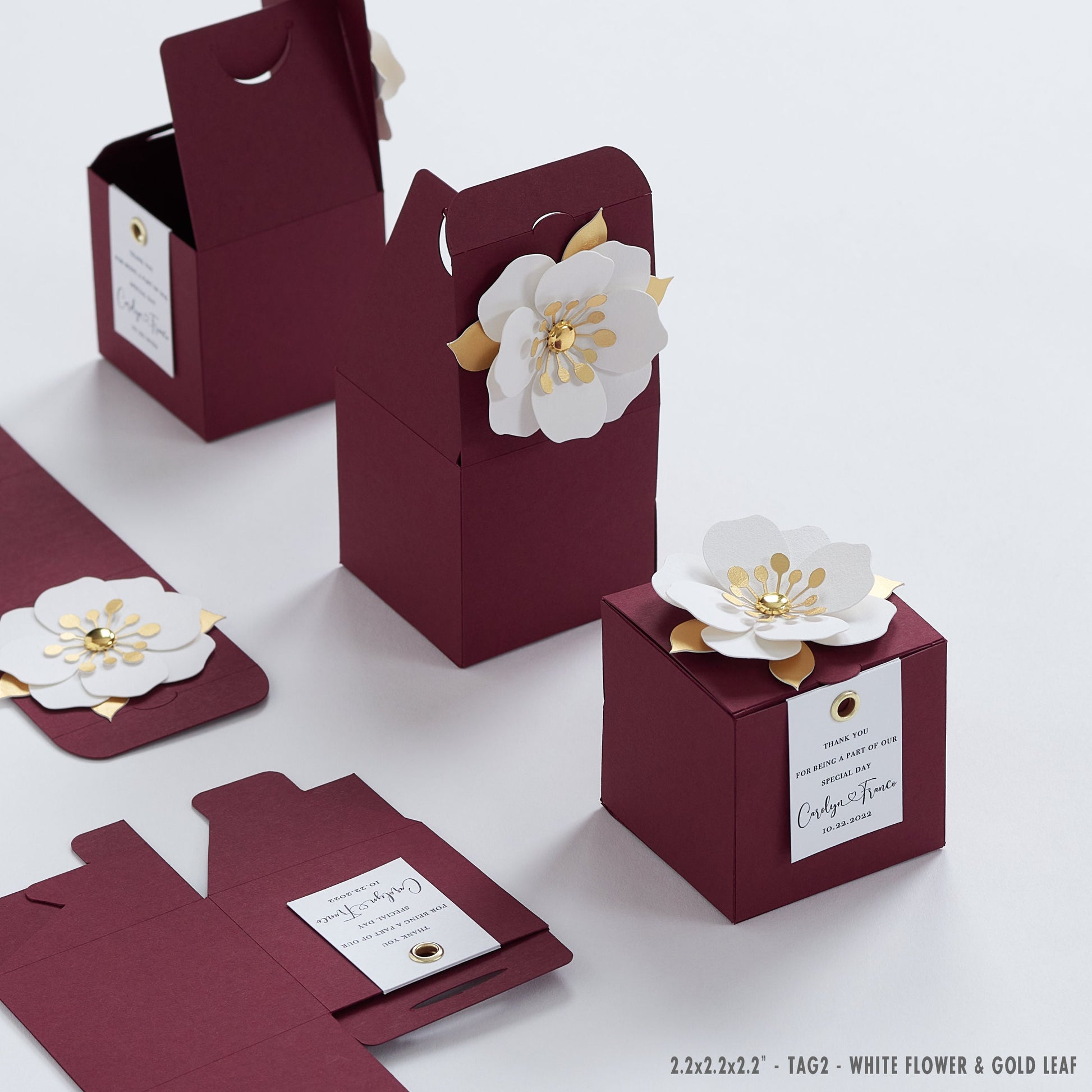 Burgundy favor boxes with flower decor for wedding, bridal party, baptism, birthday and anniversary