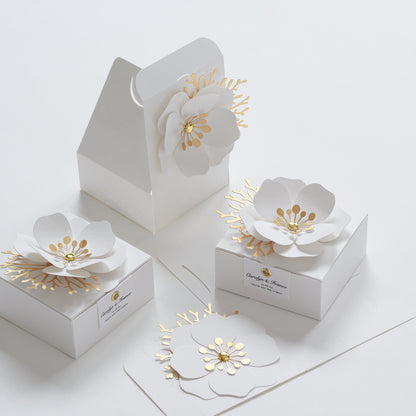 White favor boxes with flower decor for wedding, bridal party, Baptism, birthday and anniversary