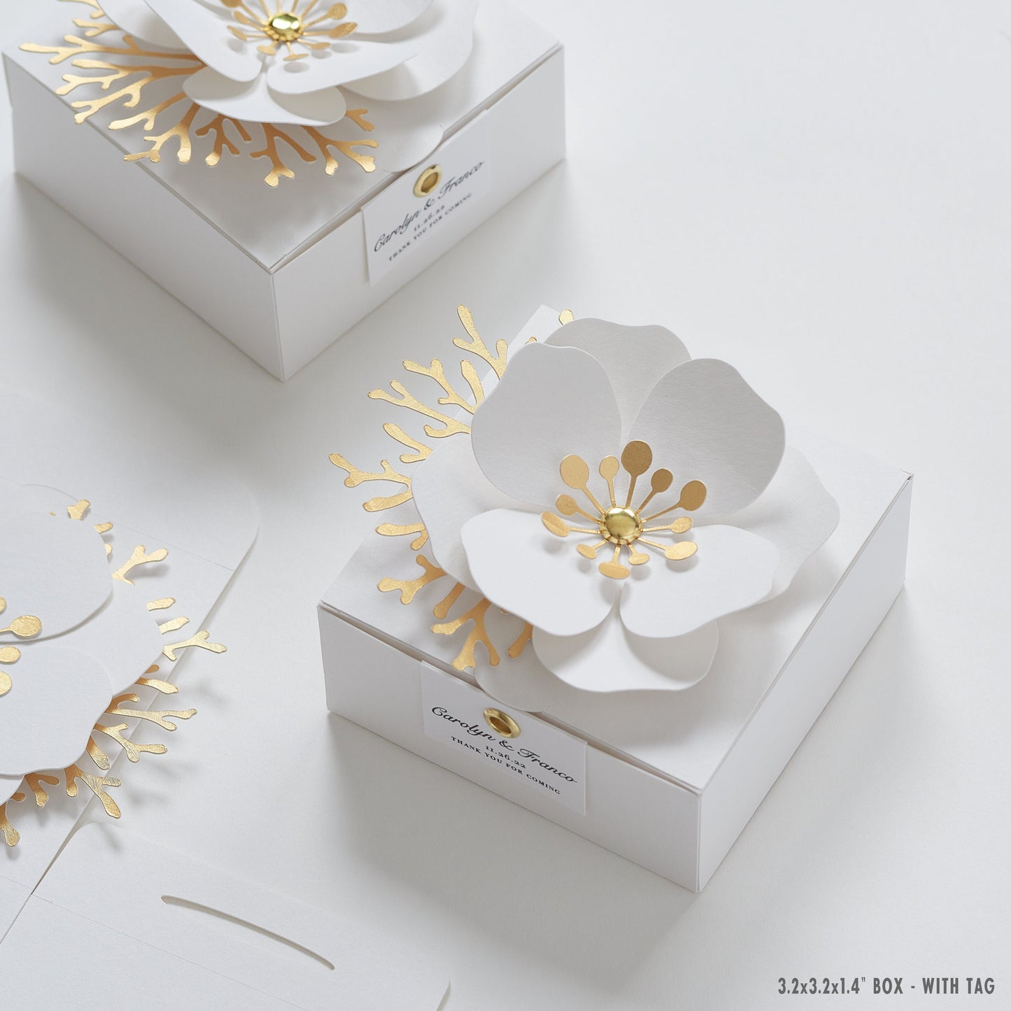 White favor boxes with flower decor for wedding, bridal party, Baptism, birthday and anniversary