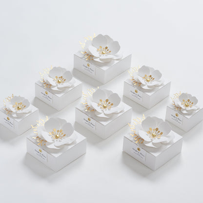 White favor boxes with flower decor for wedding, bridal party, Baptism, birthday and anniversary