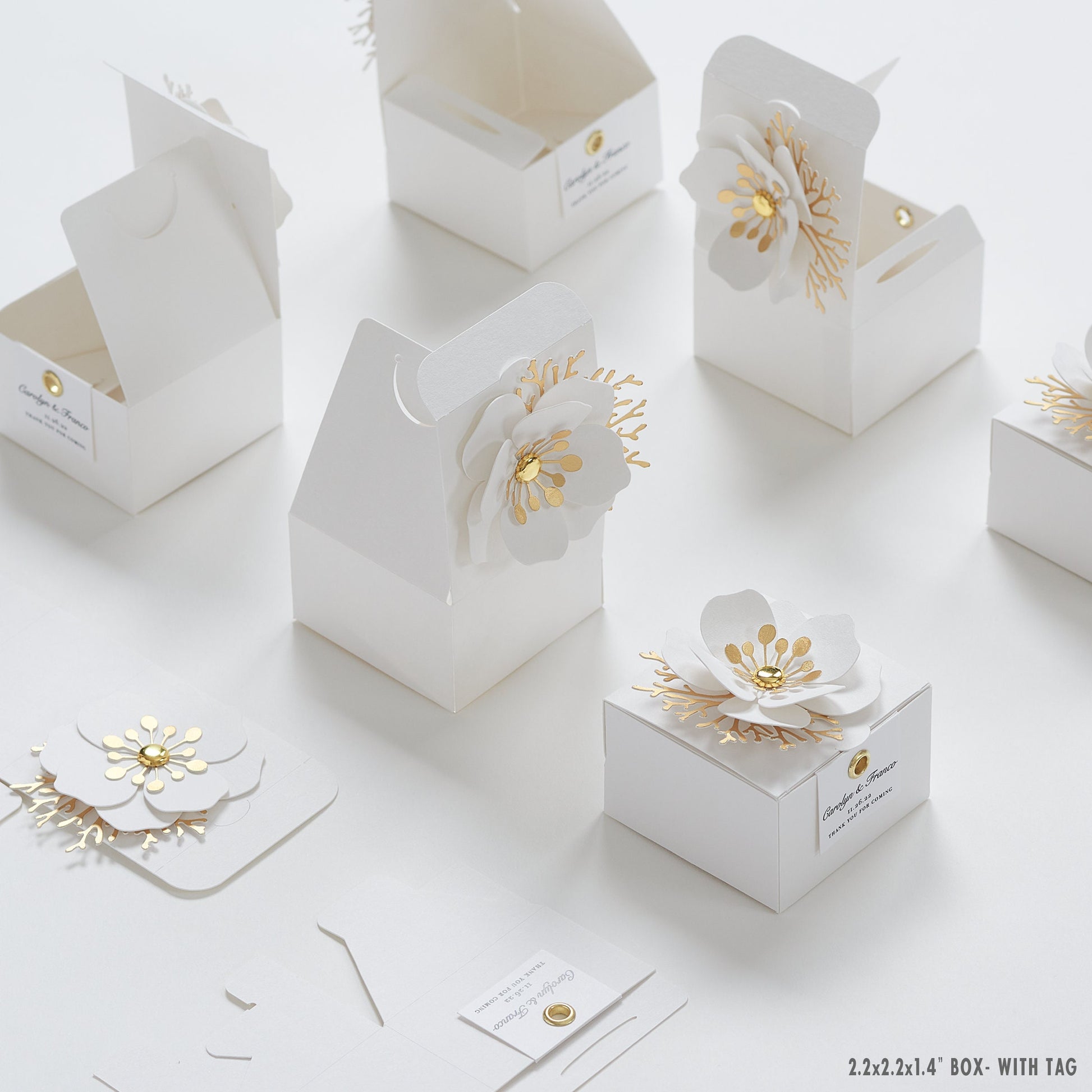 White favor boxes with flower decor for wedding, bridal party, Baptism, birthday and anniversary