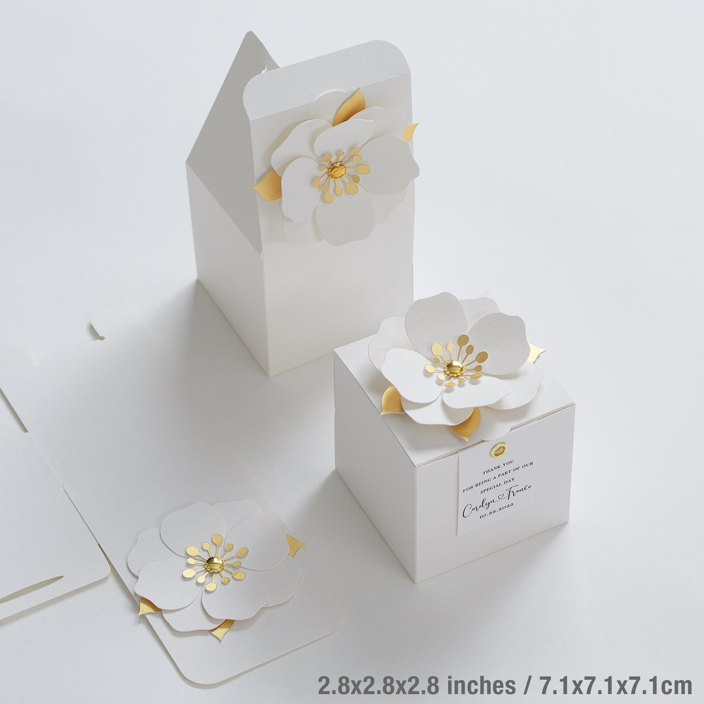 White favor boxes with flower decor for wedding, bridal party, Baptism, birthday and anniversary