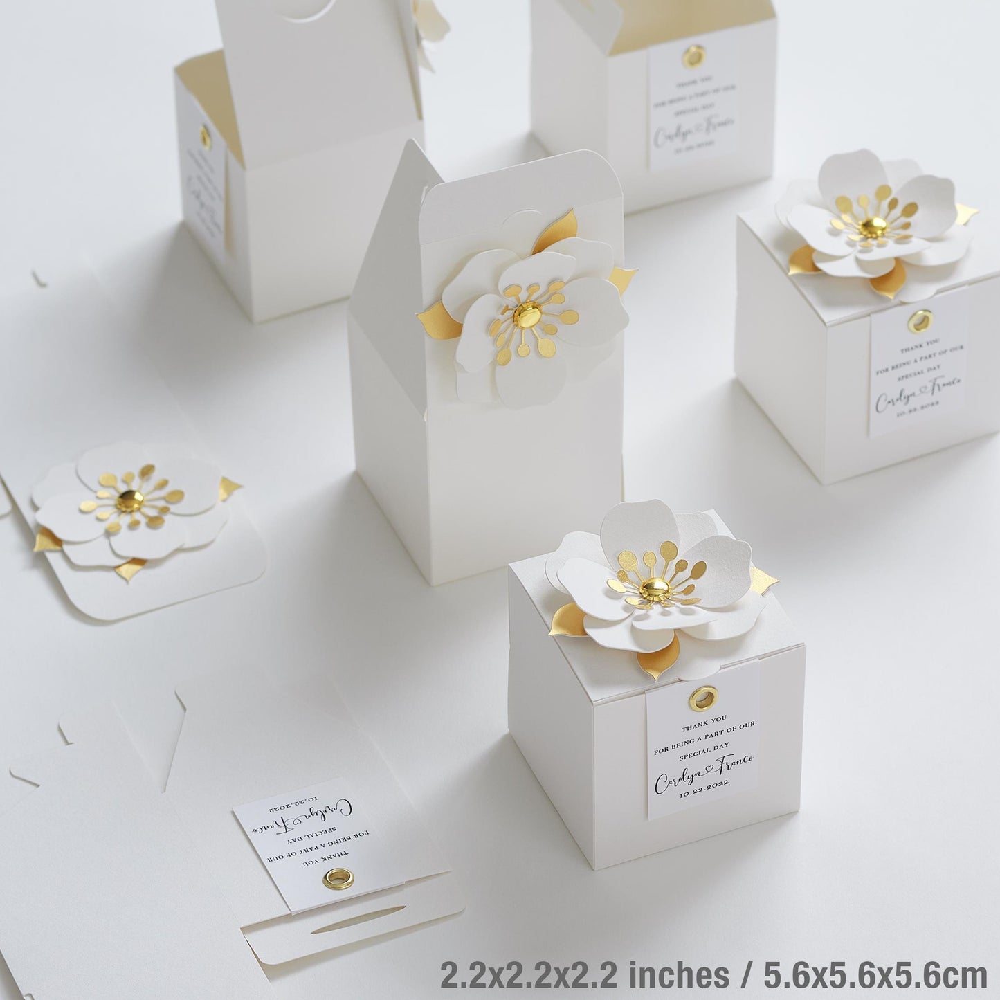 White favor boxes with flower decor for wedding, bridal party, Baptism, birthday and anniversary