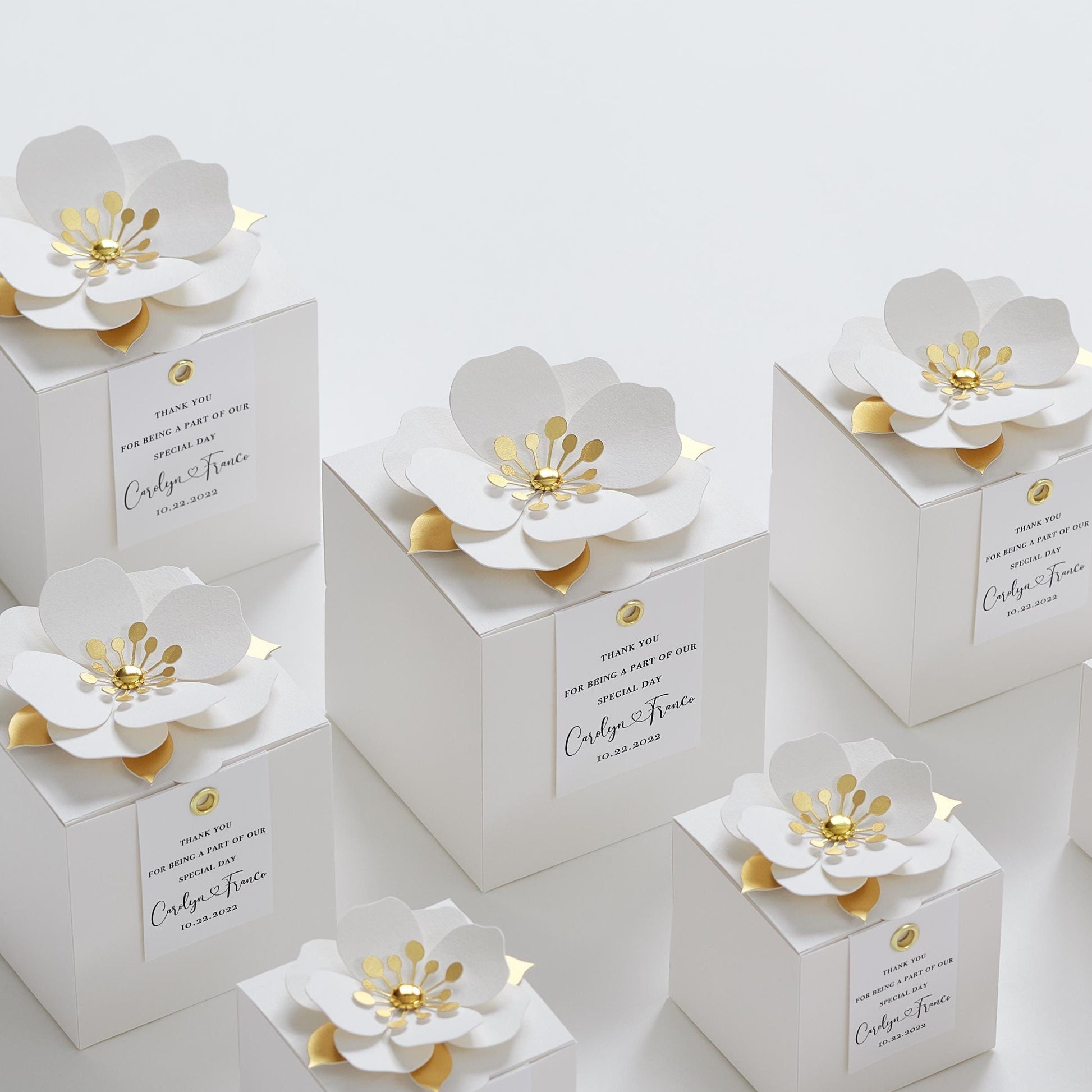 White favor boxes with flower decor for wedding, bridal party, Baptism, birthday and anniversary